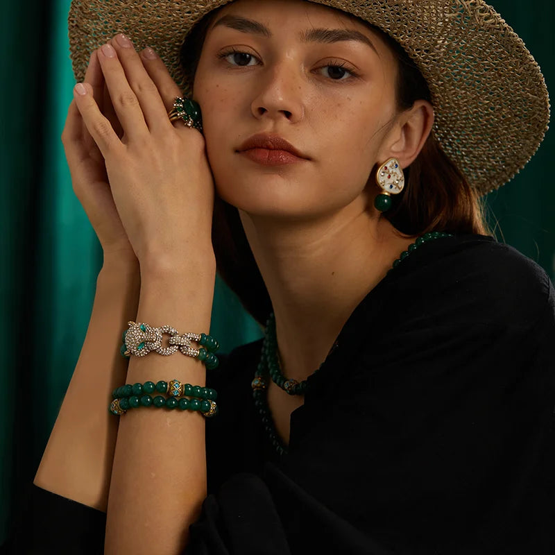 Vintage Green Beads Bracelet Women Rhinestones Leopard Head Bangles Eye Luxury Brand Gold Color Retro Jewelry Accessories 2025
