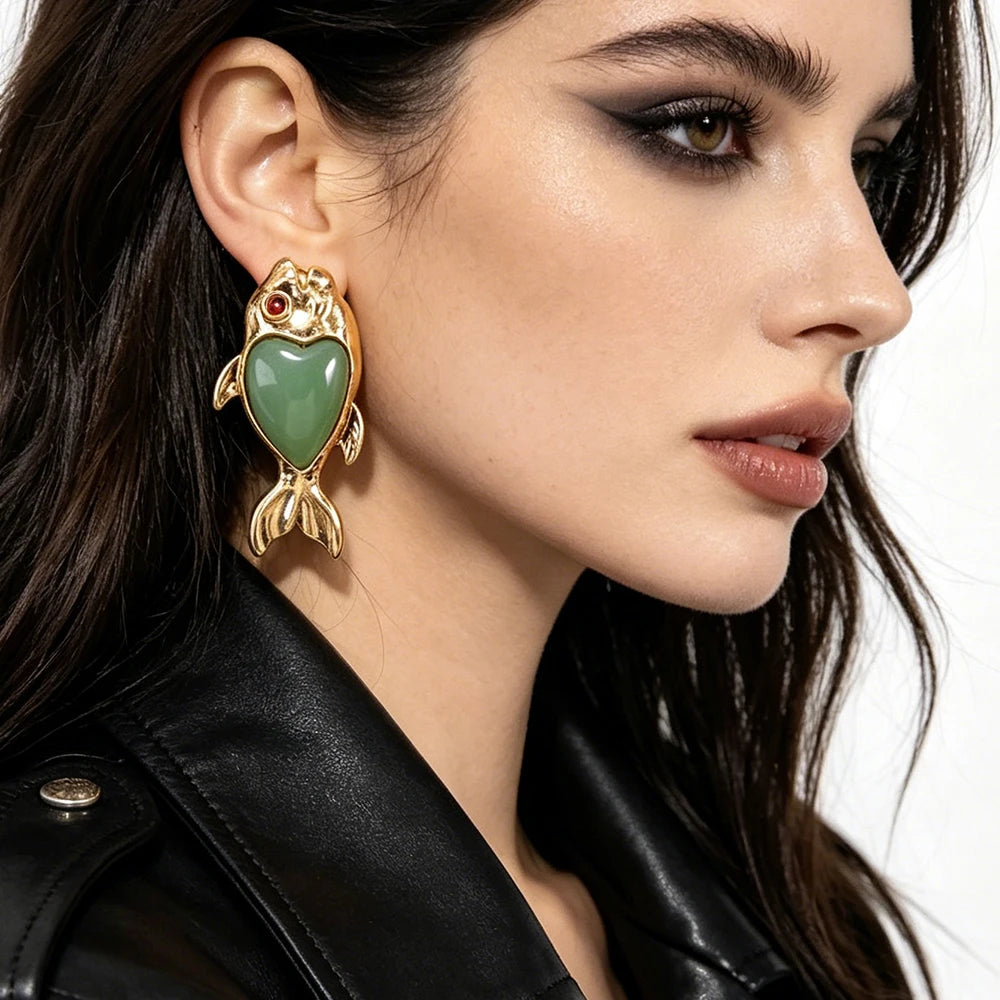 Cute Nature Inspired Fish Drop Earrings Gold Tone With Green Heart Cabochon Statement Accessory For Womens Summer And Casual
