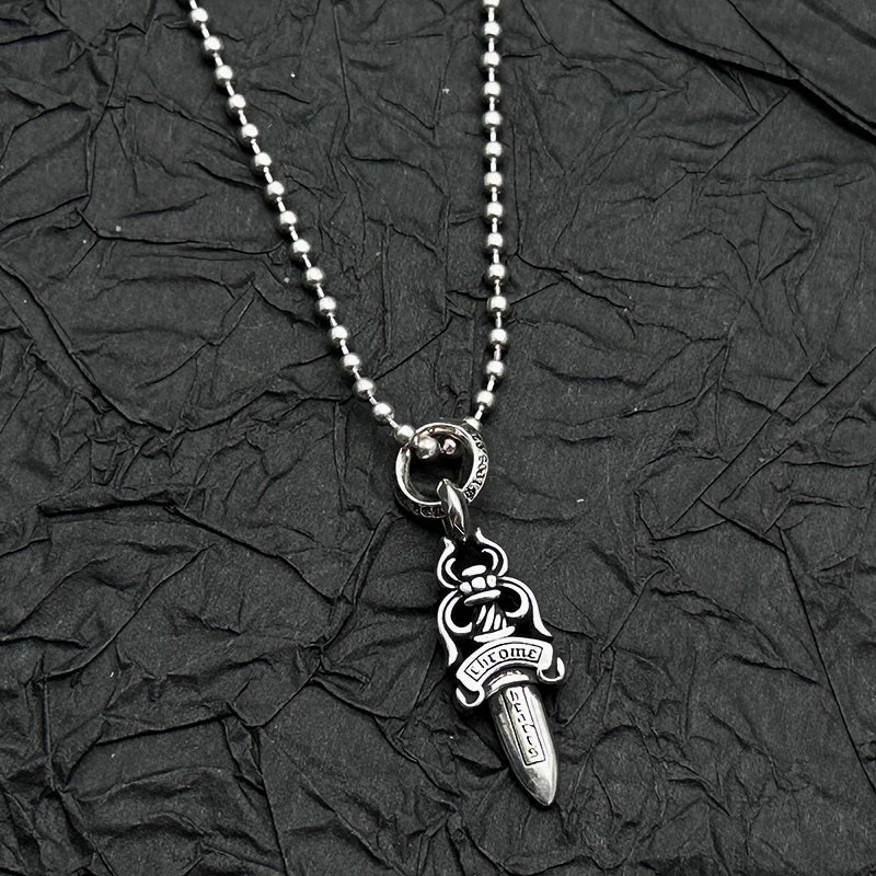 S925 Sterling Silver Retro Old Ring Double-sided Sword Pendant Necklace European and American Men and Women