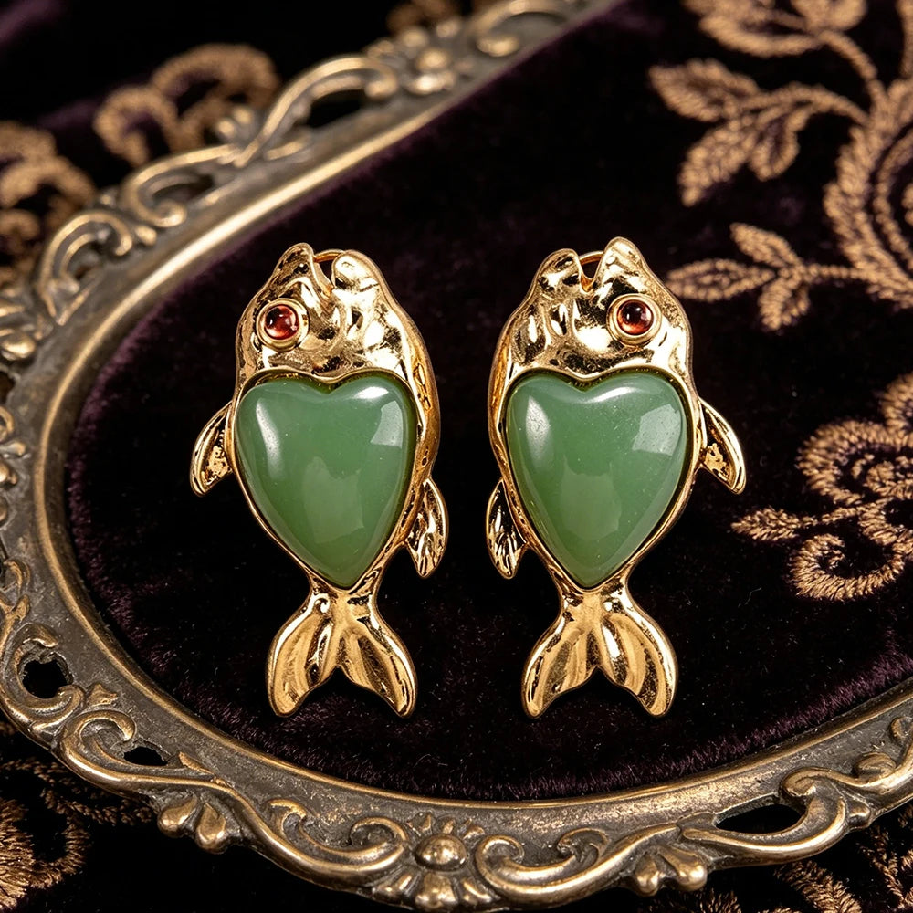 Cute Nature Inspired Fish Drop Earrings Gold Tone With Green Heart Cabochon Statement Accessory For Womens Summer And Casual