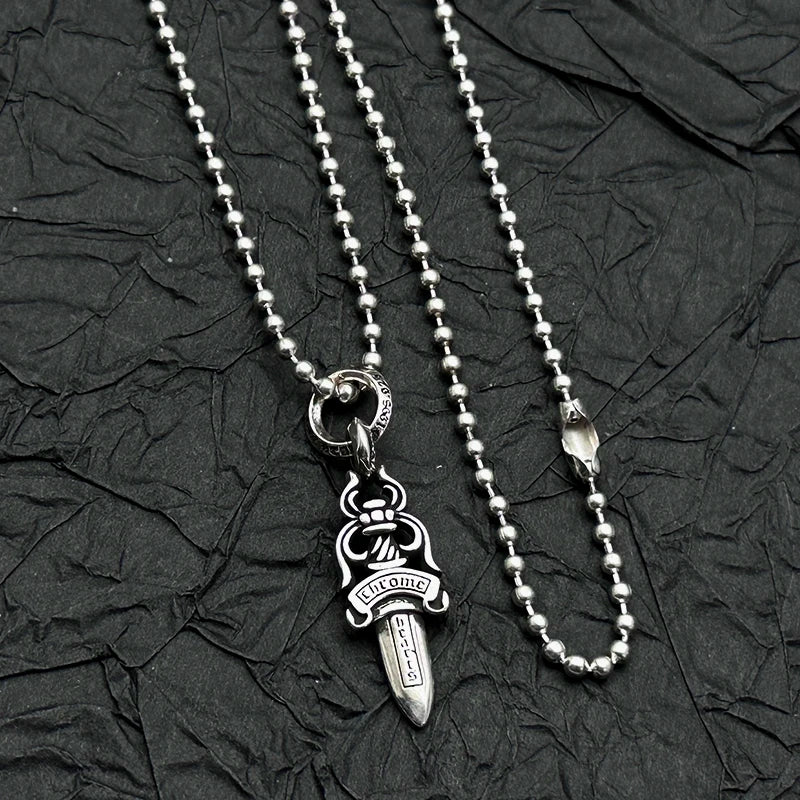 S925 Sterling Silver Retro Old Ring Double-sided Sword Pendant Necklace European and American Men and Women