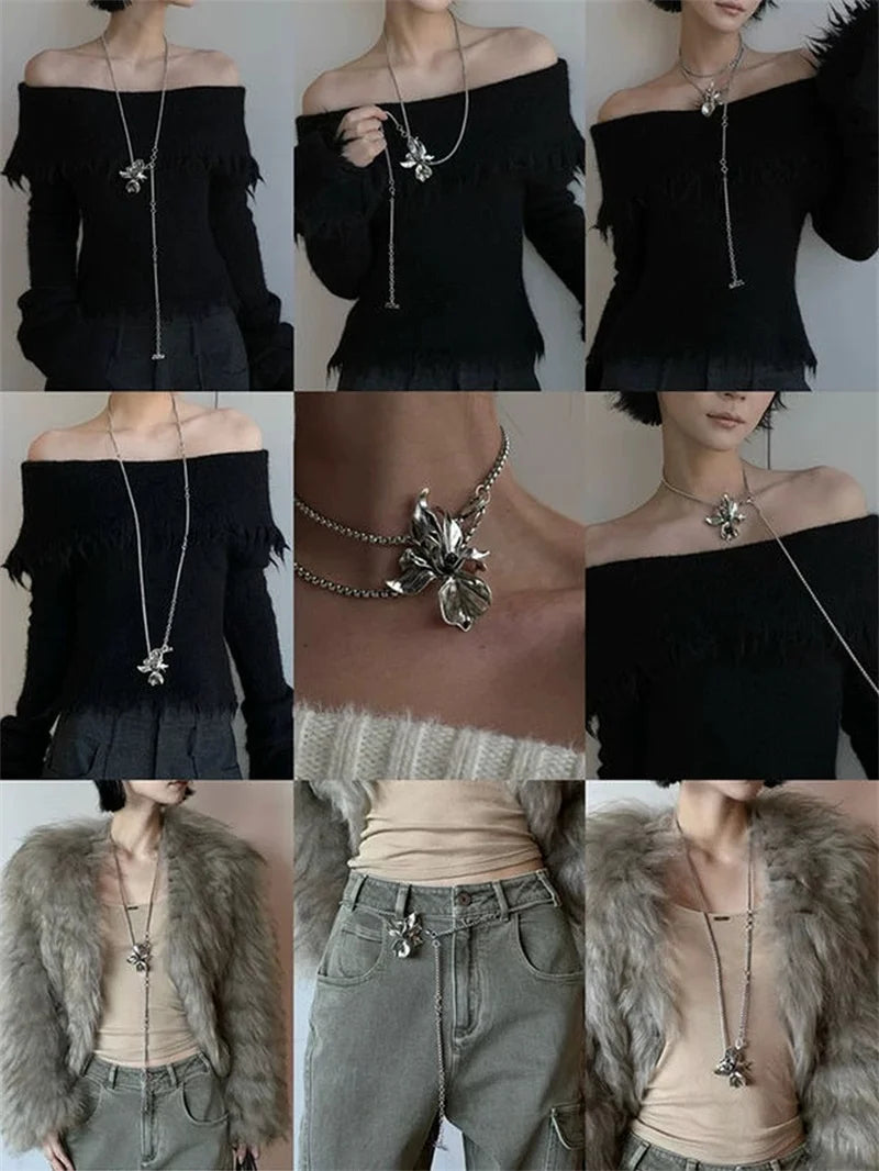 Vintage Fashion Iris Flower Necklace for Women Exaggerated Exquisite All-match Multi functional Wearing Neck Chain Waist Chain