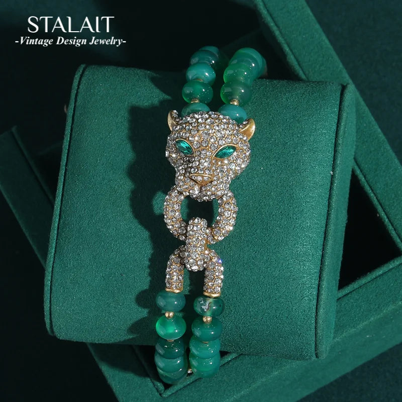 Vintage Green Beads Bracelet Women Rhinestones Leopard Head Bangles Eye Luxury Brand Gold Color Retro Jewelry Accessories 2025