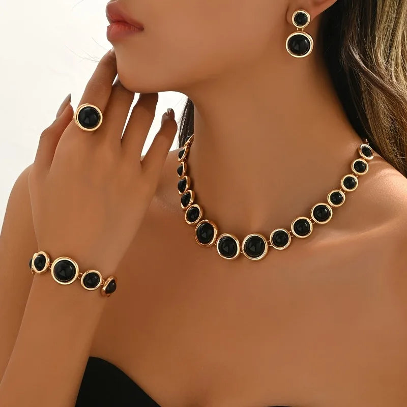 5pcs/set Metal Sphere Necklace Simple Luxury Resin Cord Bracelet for Women Elegant Ring Earring Party Accessory Vacation Gifts